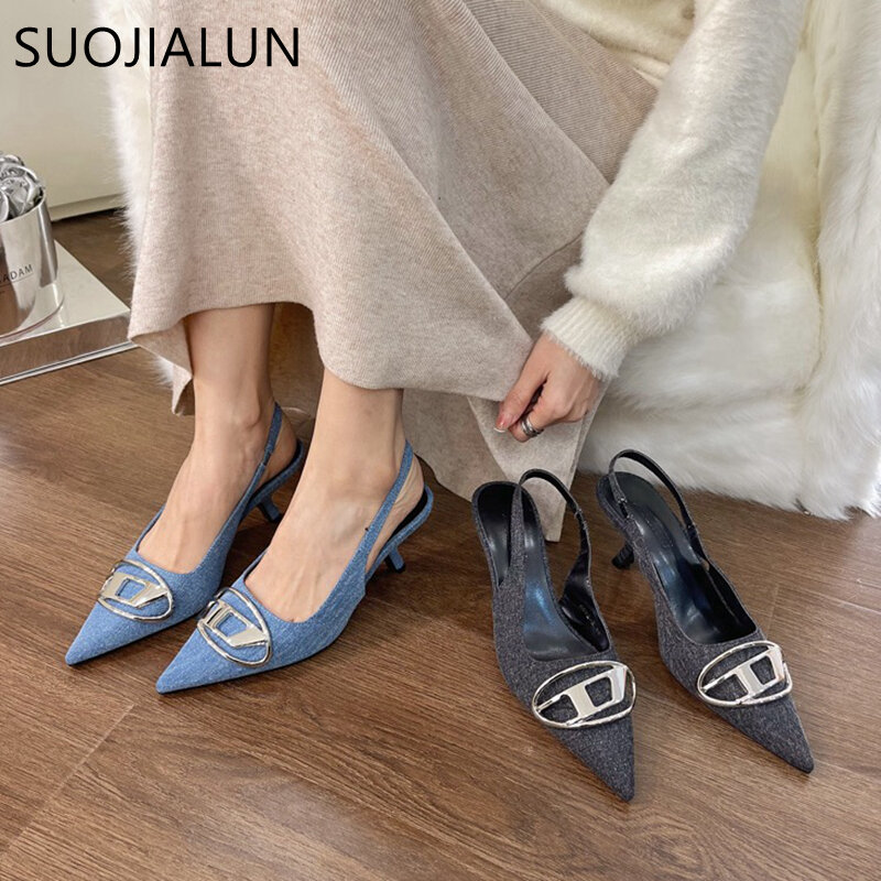 SUOJIALUN Spring New Brand Woman Slingback Shoes Fashion Matal Buckle Ladies Elegant Med Heel Pointed Toe Slip On Sandal Mules