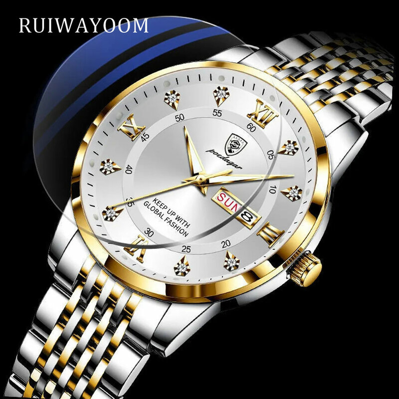 RUIWAYOOM 여성용 쿼츠 시계, 방수 발광 날짜, 스테인레스 얼룩 손목시계, 럭셔리 패션