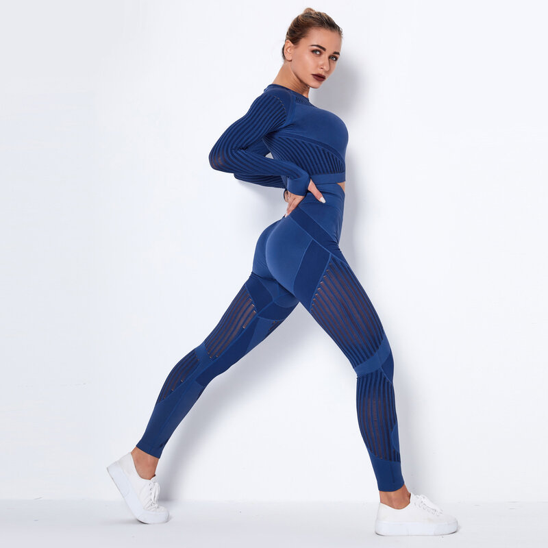 Nova malha sem costura de secagem rápida esportes de fitness de mangas compridas listrado calças de fitness alta elastic yoga terno umidade wicking