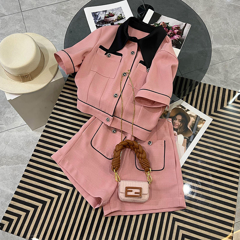 Женский короткий комплект из 2 предметов, розовая футболка с коротким рукавом и шорты с высокой талией в Корейском стиле на лето