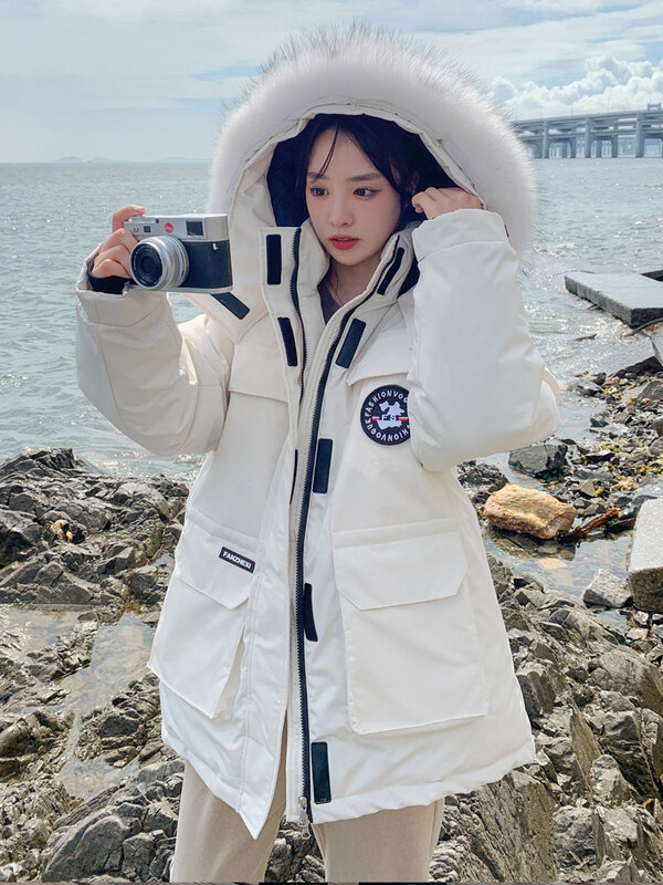 2022 zima nowa średniej długości kurtka z kapturem kobiety koreański moda z długim rękawem płaszcze damskie w stylu Casual, wyściełana odzież kobieta Chic Parkas