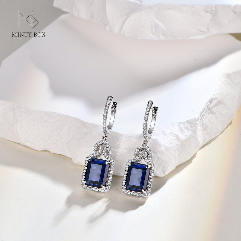 Mintybox Anting Perak Murni 925 Bersertifikat untuk Wanita Gaya Menawan Menciptakan Safir 12 Karat Potongan Segi Delapan Perhiasan Pernikahan