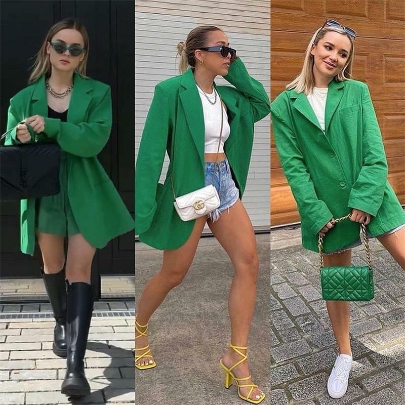Frauen Blazer Rosa Casual Übergroßen Bunte Lose Lange Anzug Jacke Herbst Mode Grünen Tasten Einfache Harajuku Büro Dame