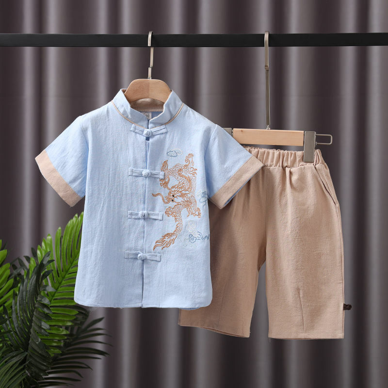 Vêtements d'été chinois en coton et lin, 17 styles, broderie délicate, col montant, manches courtes, pour bébés garçons, nouvel an chinois
