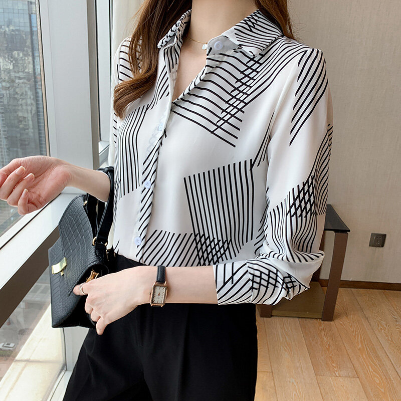 Francês clássico feminino camisa geométrica listra impresso cetim topo feminino 2022 primavera seda camisas femininas manga comprida camisa mujer