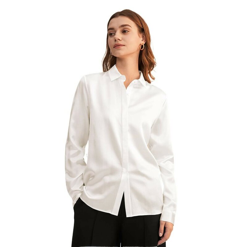 Blusa de seda auténtica para mujer, camisa de manga larga con estampado de Charmeuse chino, color Natural, brillante y elegante, 100%
