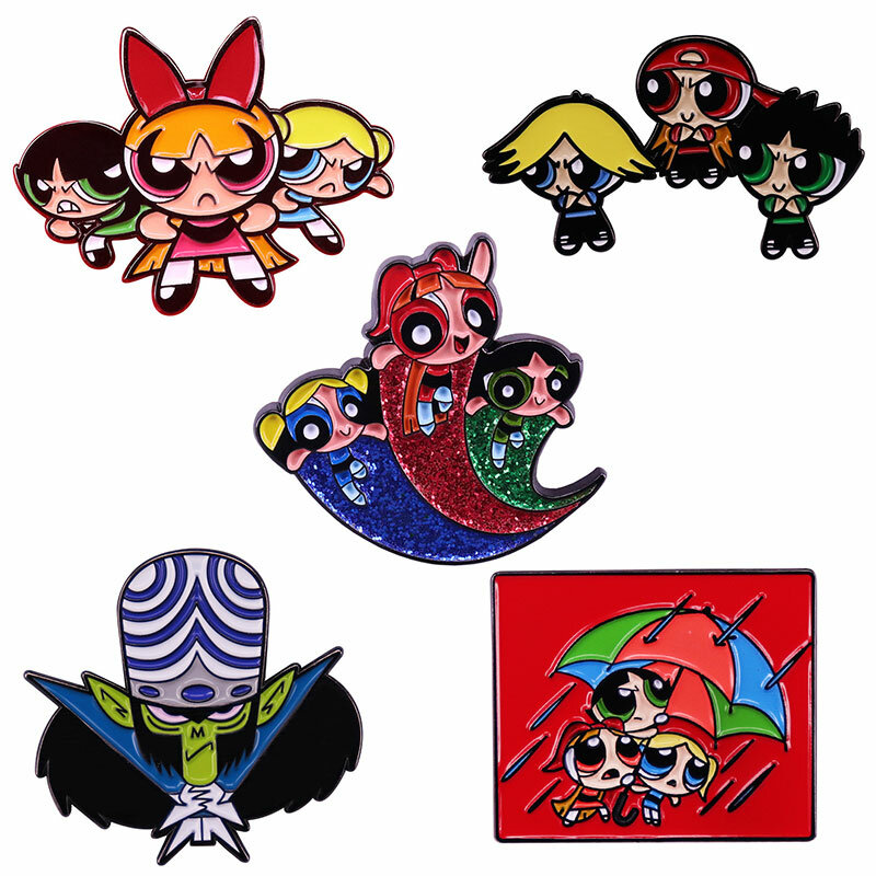 High Quality New Cute Powerpuff Girls Enamel Pin Kawaii Girl Anime Badge Lapel Pin Unique Jewelry Gift for Friends