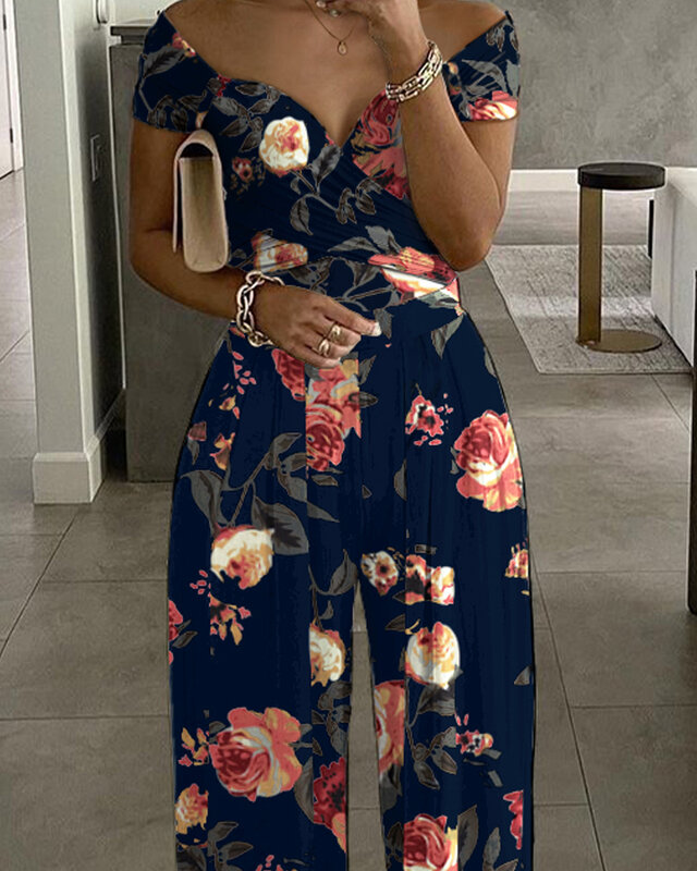 New Summer Holiday Sexy Off Shoulder Ruched Floral Wide Leg Long Pants Women's Jumpsuit 2021 Summer Casual Clothings Streetwear