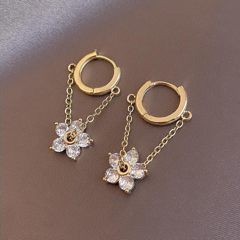 Gold Geometry Flowers Hool Chain Earrings Delicate Flowers Fashion Charm Party For Girl Decoration 2022 New