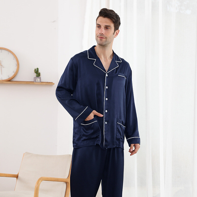 Set pigiama classico da uomo a maniche lunghe in seta di gelso da 19mm Set da pigiama per famiglie da notte in vera seta 100% confortevole per quattro stagioni