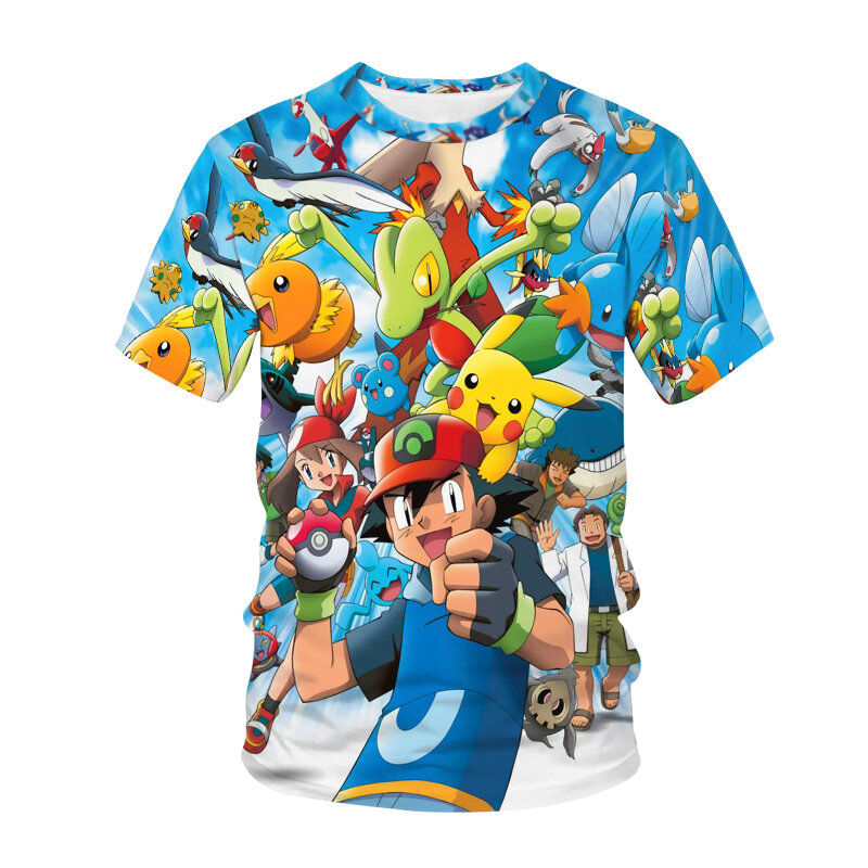 2022 여름 신상 3D 포켓몬 프린트 티셔츠 아동복 아동용 만화 옷 캐주얼 편안한 포켓몬 키즈 티셔츠, 포켓몬 프린트 아동복