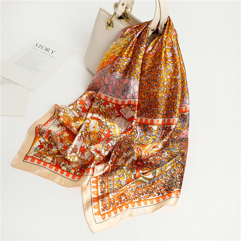 Foulard Hijab carré en Satin de soie pour femmes, bandeau imprimé, à la mode, Turban musulman, châle portefeuille, Bandana, 2021