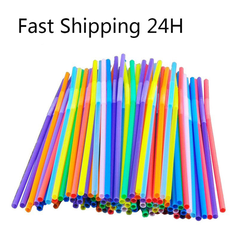 100Pcs Multicolor Straw Plastic Disposable Long Elbow Straws Cocktail Drinking Suits For Kitchen Beverage Accessories Tableware