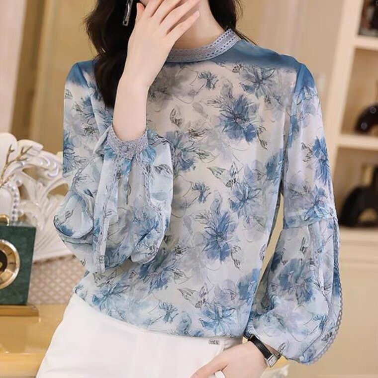 2021 الملابس الصينية التقليدية للنساء بلوزة قميص blouse بلوزة قميص مع الدانتيل المطبوعة فانوس الأكمام الوقوف طوق