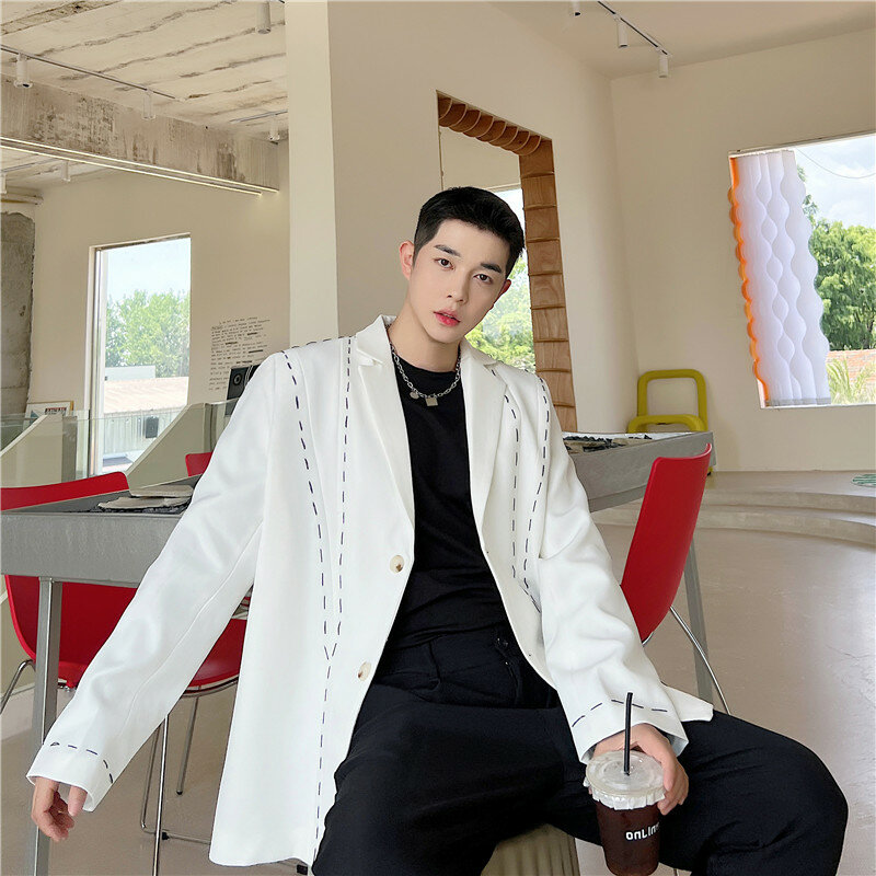 Masculino casual blazer artesanal contraste costura nicho designer longo modelagem ternos casaco outono jovem estilo coreano roupas outono
