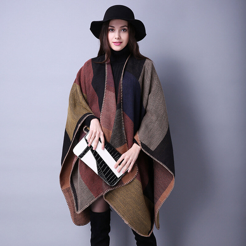 Women Vintage Poncho Wraps Imitation Wool Cotton Thick Cloak 2022 Autumn Winter New Patchwork Fashion Women Wraps