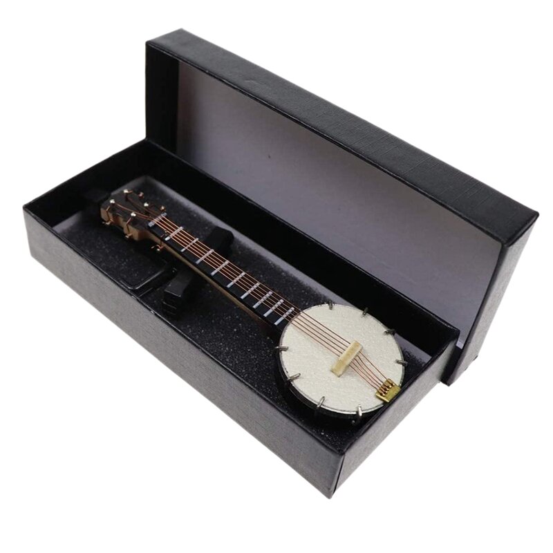 Miniatura banjo com suporte caso mini instrumento musical mini banjo miniatura casa de bonecas modelo decoração