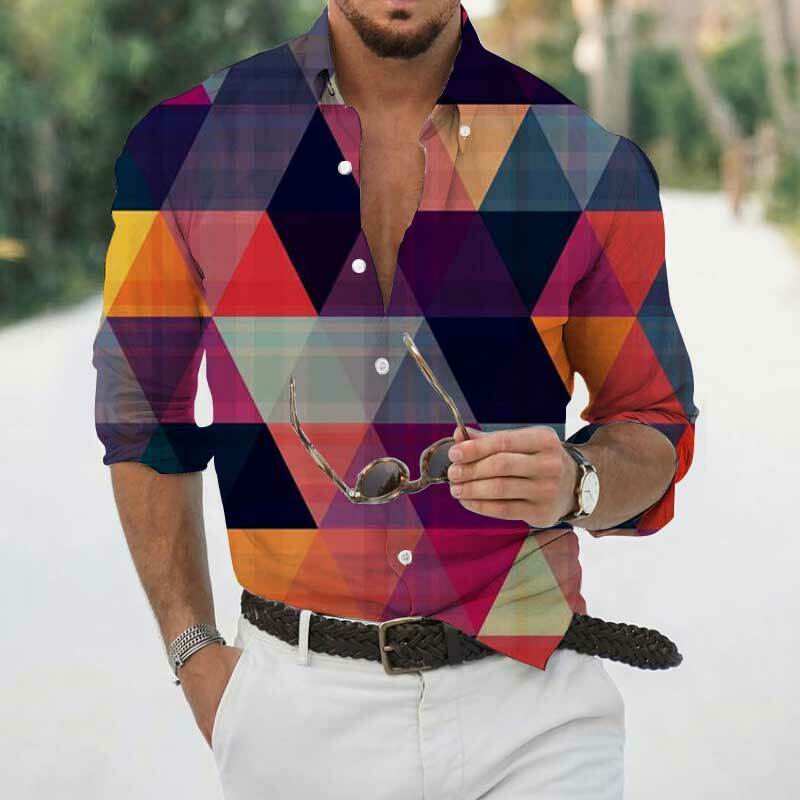 Camisas de moda europea y americana para hombre, Tops ajustados informales de manga larga con estampado geométrico para primavera y otoño