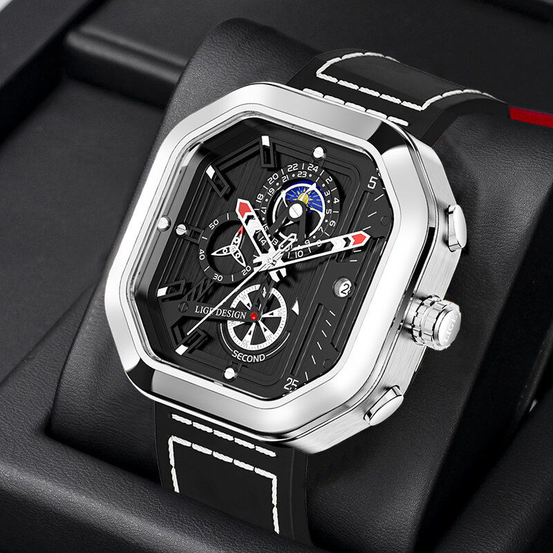 2022 LIGE Luxury Business Men Watches cinturino in Silicone al quarzo nero Sport orologio quadrato impermeabile 24 ore fasi lunari Reloj Hombre