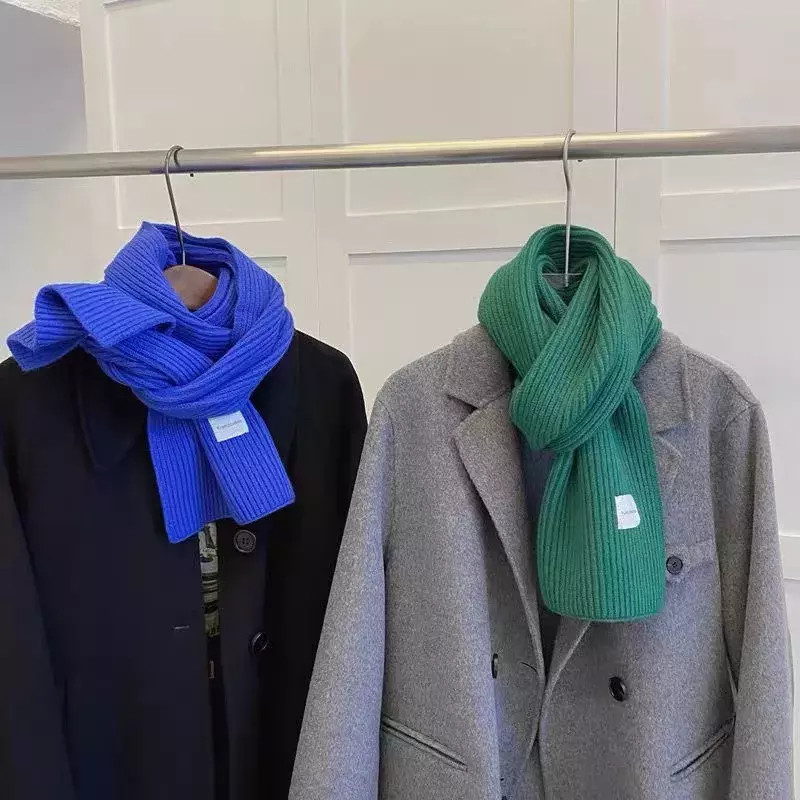 Jesienno-zimowy nowy szalik z dzianiny w jednolitym kolorze zielony niebieski wełniany ciepły szalik Fashion Casual miękkie szale