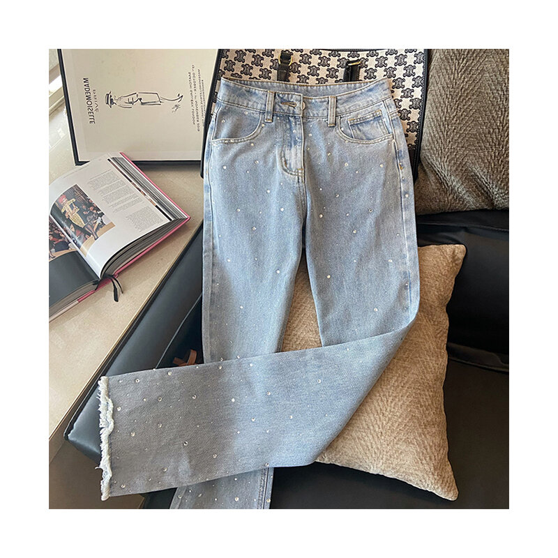 Dżinsy damskie letnie szerokie nogawki spodnie dżinsowe niebieskie wysokiej talii diamenty proste luźne spodnie główna ulica modne dżinsy Mujer Harajuku