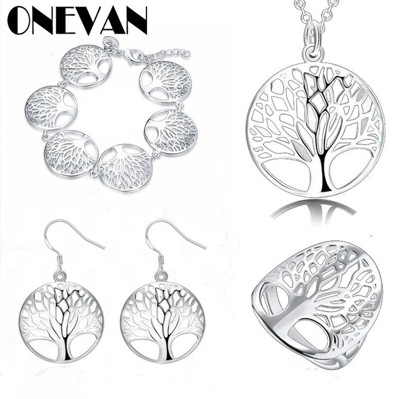 4PC/set Tree of Life Lucky Elegant Silver Color Pendant Necklace/Earrings/Bracelet/Ring Jewelry Set for Women Wedding Engagement