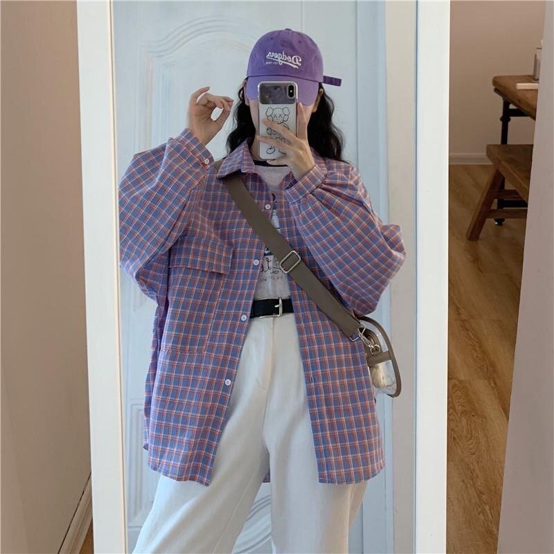 Koszula w kratę Deeptown damska bluzka z długim rękawem bluzka z nadrukiem w kratkę koreański Fashion 2021 Oversized, wiosenny Kpop Casual Purple Clothes