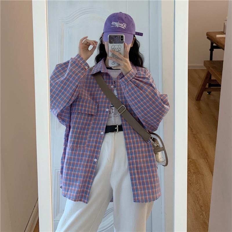 Deeptown Plaid Shirt Lange Mouw Vrouwen Tops Rooster Print Blouse Koreaanse Fashion 2021 Oversized Lente Kpop Casual Paars Kleding