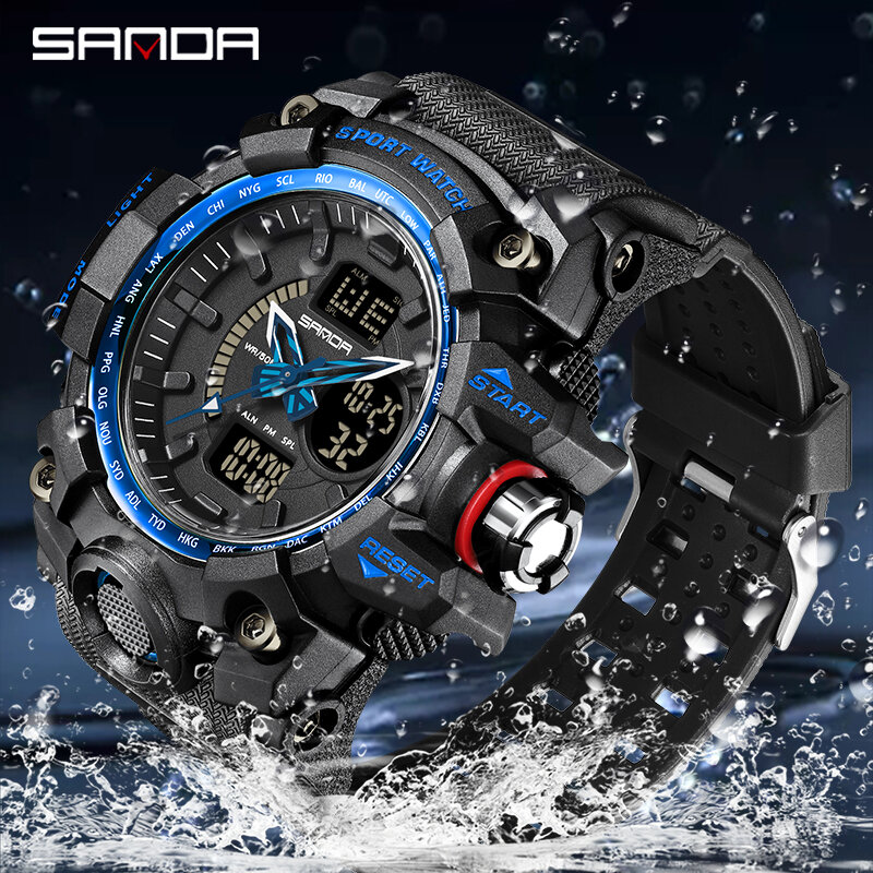 Часы наручные SANDA Мужские кварцевые, спортивные брендовые Роскошные водонепроницаемые амортизирующие цифровые в стиле милитари
