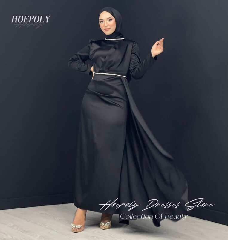 Hoepoly-فساتين سهرة من الساتان للنساء المسلمات ، طول الكاحل ، ثياب مستقيمة ، بسيطة ، رقبة عالية ، عربي