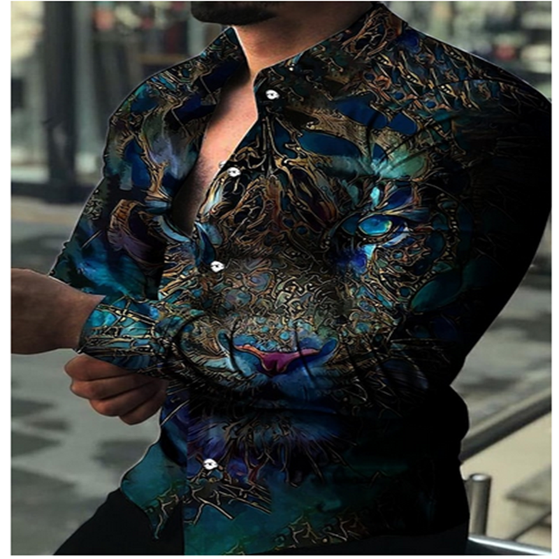 SPring Autumn Relaxation Fashion Shirts Men Lapel Button Shirt Casual Tiger Head Print Long Sleeve Tops Men's Clothing Party