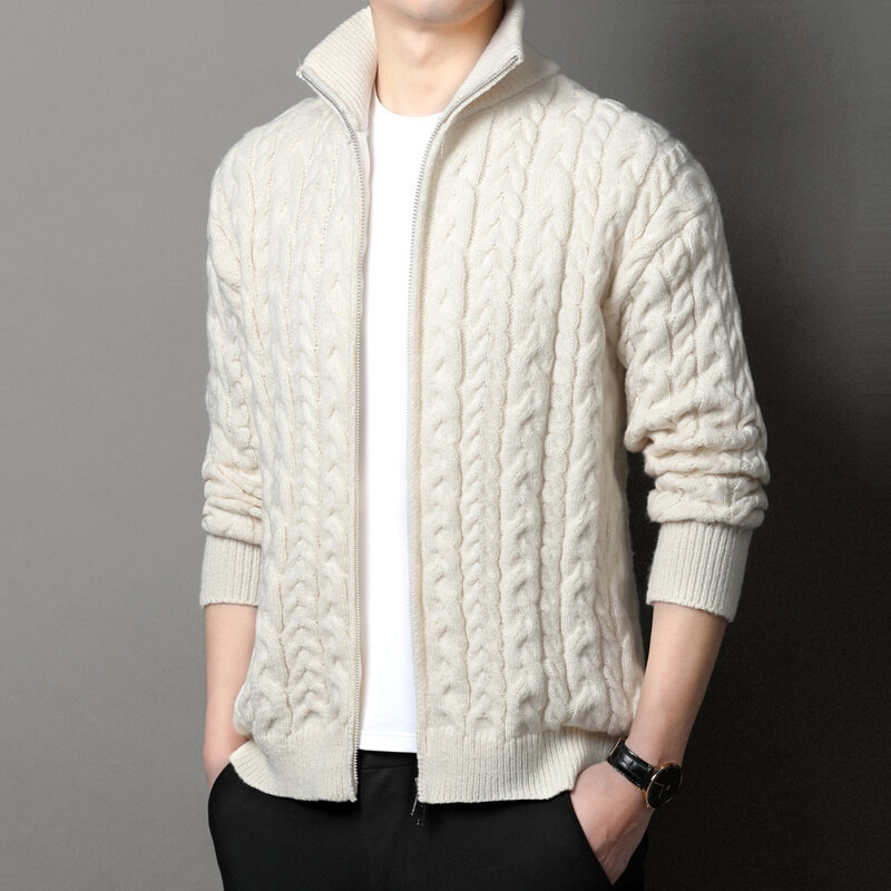 Cardigan camisola masculina primavera e outono estilo japonês e coreano vintage jacquard gola camisola com zíper casaco casual