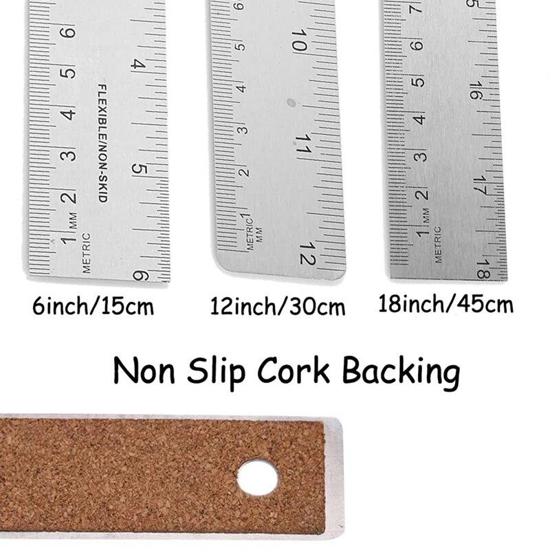 Metal Ruler With Cork Backing 6/12/18 Inch Ruler Set With Inch And Cm Drafting Tools For Precise Measurement Purposes