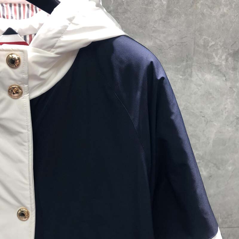 TB THOM 남성용 후드 다운 코트, 따뜻한 다크 블루 & 화이트 파카, 퍼퍼 재킷, 덕다운 두꺼운 긴 섹션 코트, 2023 겨울