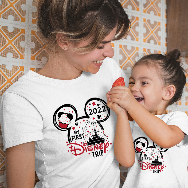 Disney ubrania matka dzieci jednakowe stroje rodzinne 2022 moja pierwsza Disney Trip Mickey Mouse T-shirt moda chłopcy dziewczęta wygląd rodziny