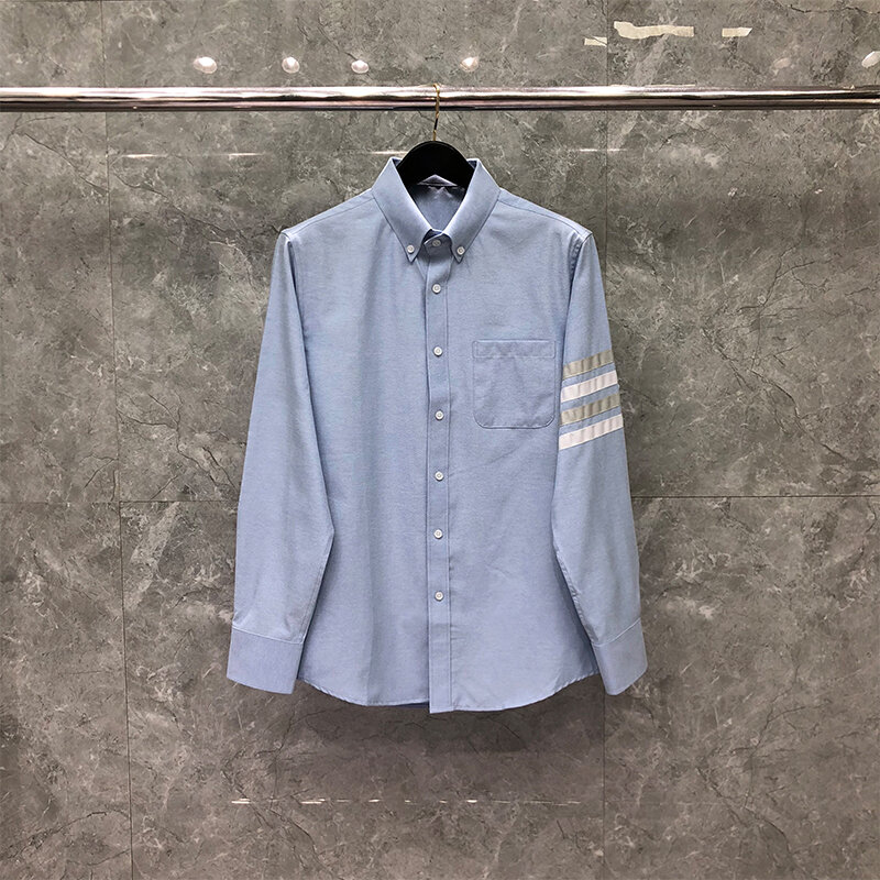 Мужская рубашка в полоску TB THOM, повседневная хлопковая рубашка из ткани Оксфорд, 4 бара, серого и белого цвета, весна-осень