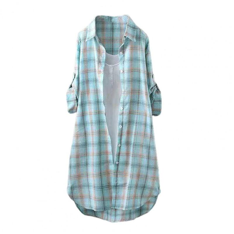 Camisa informal con dobladillo de arco para mujer, ropa de trabajo, tapeta con botones, estampado a cuadros clásico, abrigo, ropa de calle