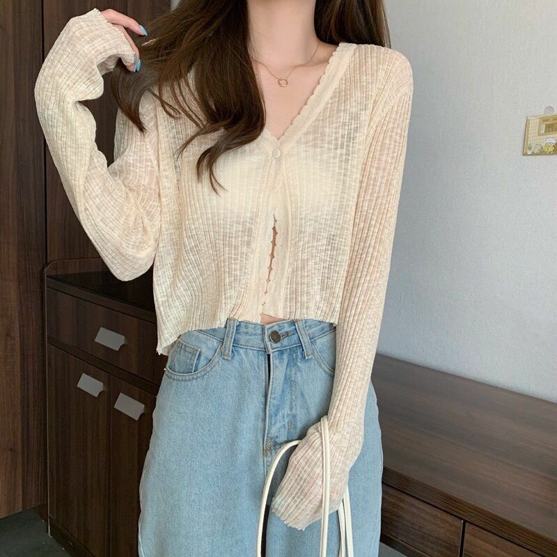 2022 New  Style Knitted Cardigan Thin Section Women's Summer V-neck Loose Sunscreen Jacket Short Section Cardigan Women's  Long