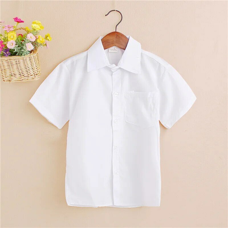 Menino branco camisas de verão roupas infantis algodão de manga curta camisa branca crianças camisa superior para meninos roupas 10 12 ano