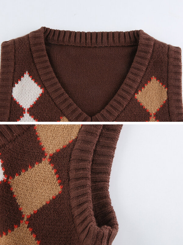 HEYounGIRL brązowy Argyle Vintage krótki sweter kamizelka jesień bez rękawów dzianinowy sweter styl Preppy Casual Plaid dzianina 90s