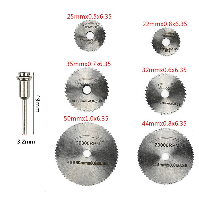 7 pces mini circular lâmina de serra hss disco de corte rotativa ferramenta de perfuração acessórios para madeira plástico e alumínio