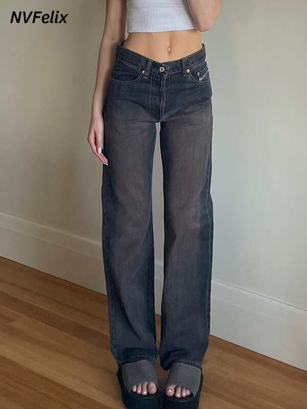 Celana Jeans Lurus Longgar Y2k 90S Wanita Celana Panjang Ibu Kasual Ramping Kaki Lebar Mode Korea Antik Cuci Denim Nyaman Celana Panjang Pakaian Wanita