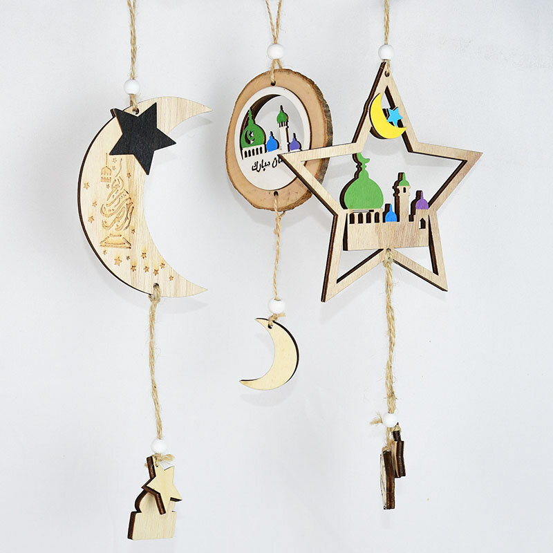 Eid Mubarak Wood Moon Star Hanging Ornament Ramadan Kareem Decoration For Home Ramadan Mubarak Islam Muslim Party Supplies