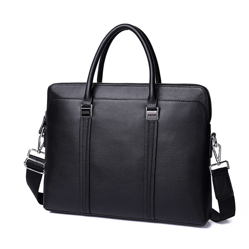 Casual Genuine Cowhide Leather Top Layer Black Handbag For Men Briefcase Large Cpacity 14inch Ipad Commercial Bag