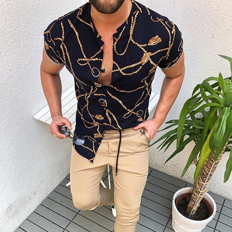 Camisa hawaiana holgada de manga corta con cuello levantado para hombre, camisa informal con estampado étnico Henley, estilo nacional, verano, 2022, 298