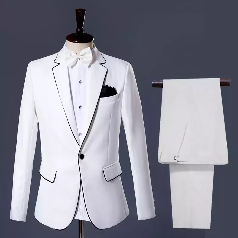 Männer Anzüge Bühne Kleider Weiß und Schwarz Schnürsenkel Mens Anzug Dünne Regelmäßige Mantel Hosen Weiß Einreiher Smart Casual männer S