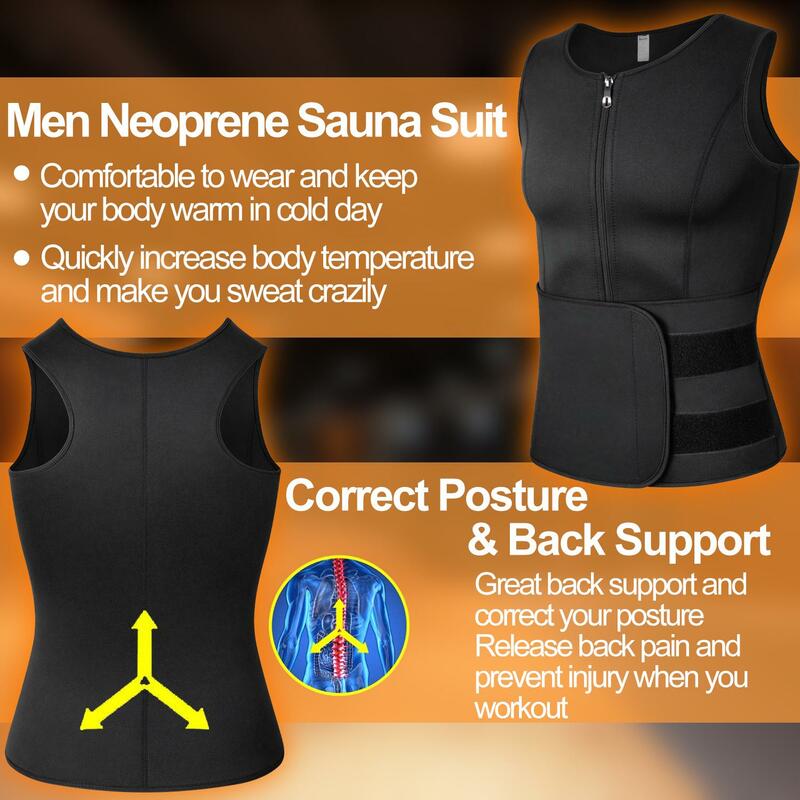 Men Sauna Sweat Zipper Vest Neoprene Corset Waist Trainer Vest Body Shaper Workout Tank Tops Compression Shirt