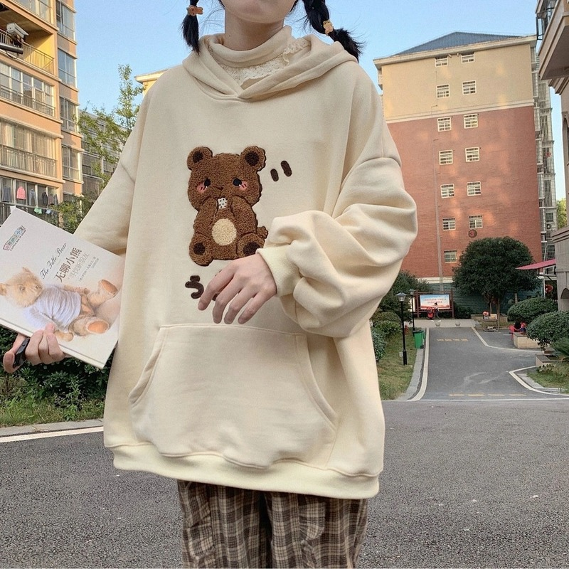 Deeptown Kaus Krem Kawaii Gaya Korea Print Beruang Lucu Hoodies Longgar Wanita Harajuku Gaya Preppy Atasan Pullover Wanita