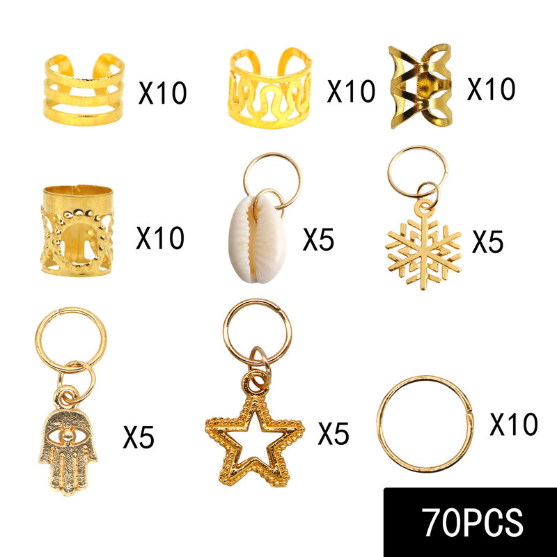 70Pcs Dreadlocks Beads Hair Braid Rings Clips Women DIY Hair Braiding Metal Cuffs Jewelry Pendants Hair Decoration Accessories