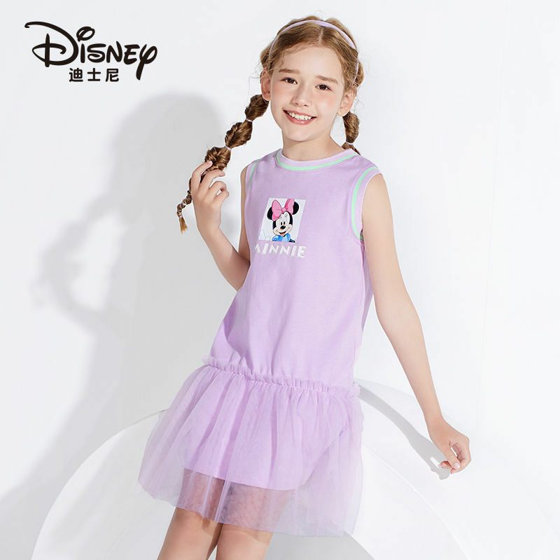Bandai 2022 Summer Girls Disney Dresses Minnie Cute Print Sleeveless Gauze Skirt Big Boy Round Neck Cotton Casual Vest Skirt